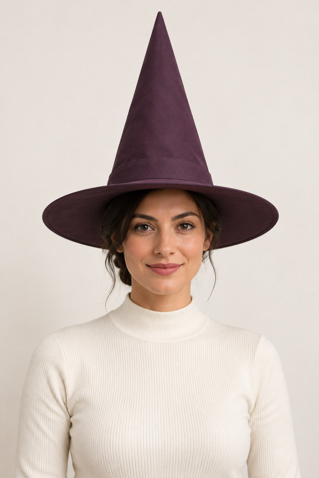 AI design preview: adult woman wearing an aubergine witch hat with tall upright cone, broad circular brim and tonal base band, front view