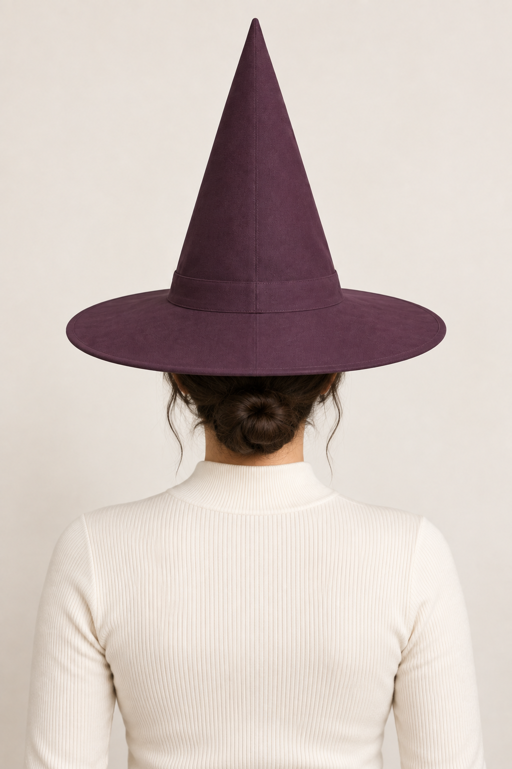 AI design preview: same aubergine witch hat and adult woman from behind, showing plain crown and brim joining seams