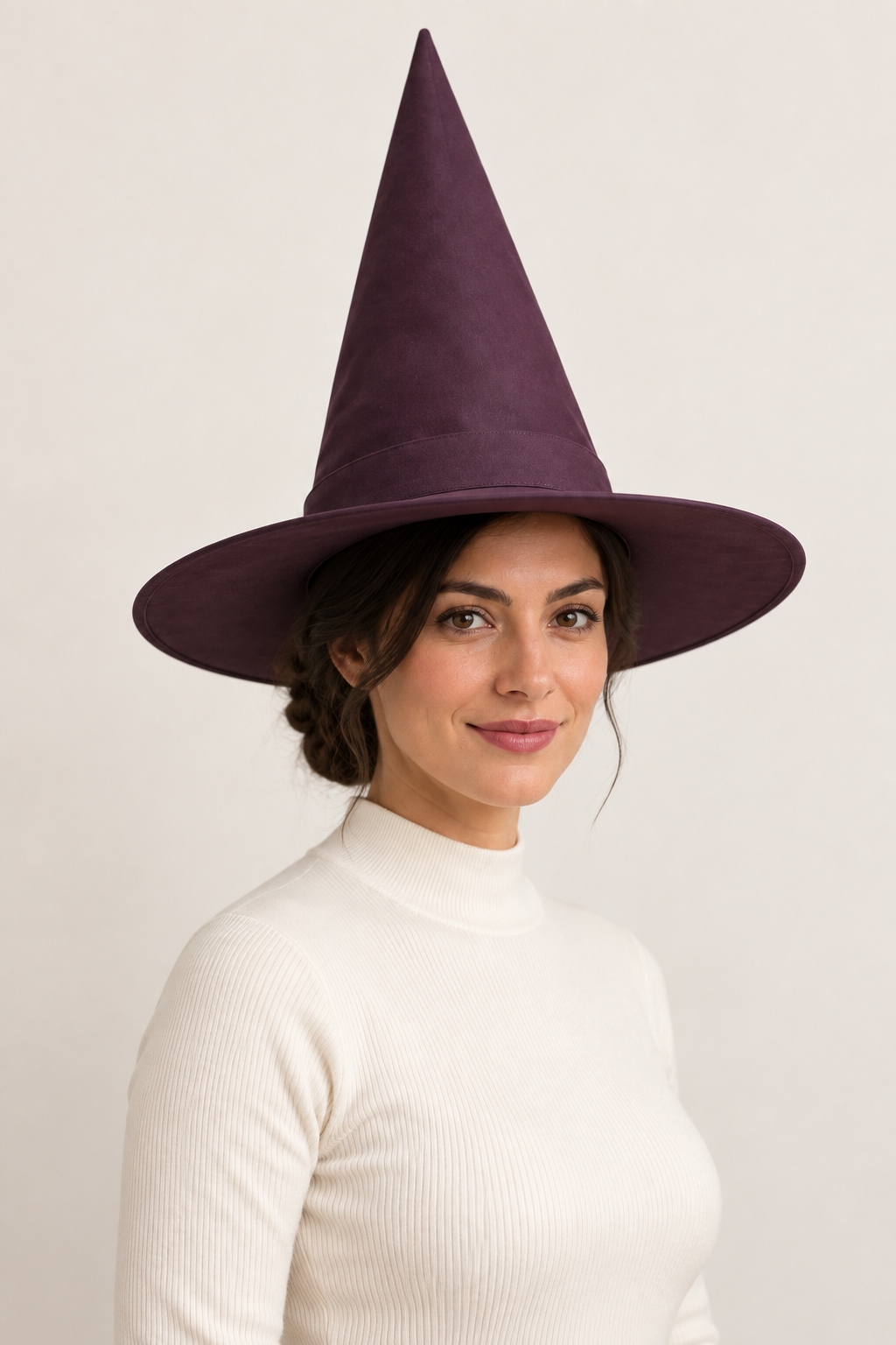 AI design preview: same adult woman and aubergine pointed witch hat in three-quarter view, with the full brim and tip visible