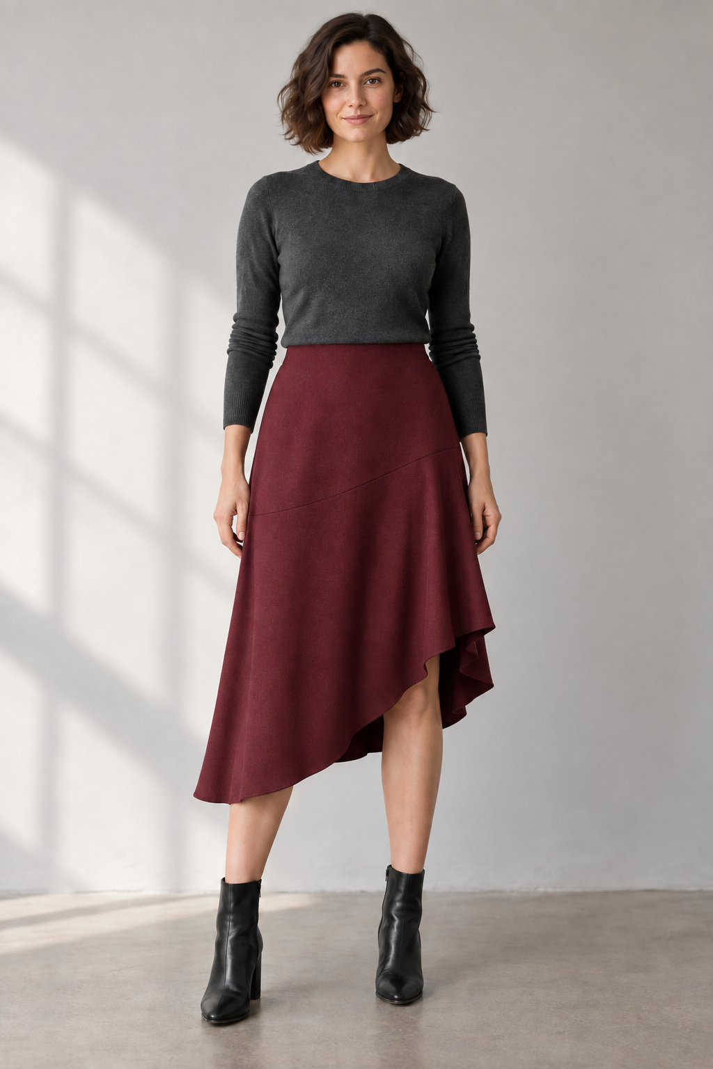 Front design preview of an oxblood asymmetric cascade midi skirt on an adult woman, with a smooth waist and curved high-low hem