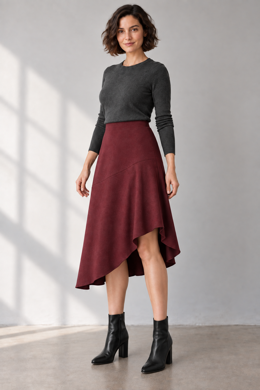 Three-quarter design preview of the oxblood woven skirt showing the curved left-knee rise and softly cascading hem