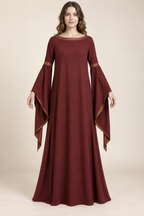 AI design preview: burgundy boat-neck side-gore gown with copper bands, relaxed continuous body and long open pendant sleeves