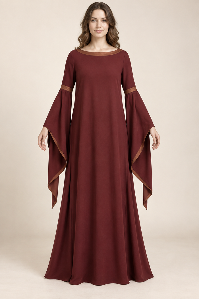 AI design preview: burgundy boat-neck side-gore gown with copper bands, relaxed continuous body and long open pendant sleeves