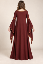 AI design preview: closed rear of burgundy side-gore gown with shallow banded neckline, no waist seam and hanging lower sleeves