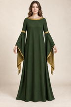 AI design preview: moss-green color of the same loose boat-neck side-gore gown with antique-gold bands and sleeve lining
