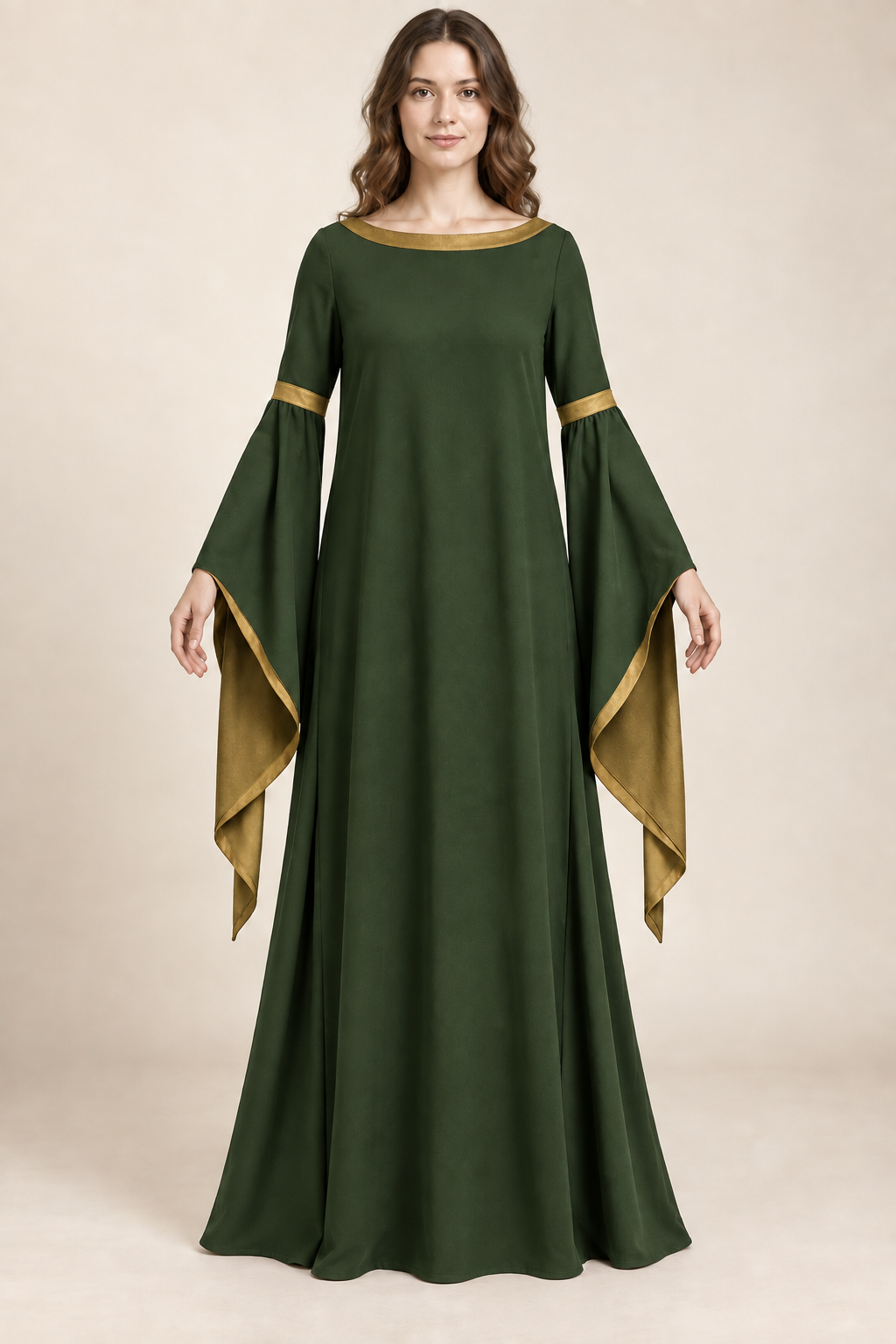 AI design preview: moss-green color of the same loose boat-neck side-gore gown with antique-gold bands and sleeve lining