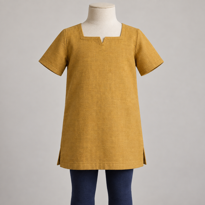 AI design preview: ochre-gold child square-notch tunic on a child-proportioned form, with short set-in sleeves and plain side-vented hem