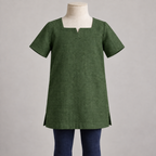 AI design preview: muted forest green color of the same child-specific square-notch tunic with no neck cords or fasteners