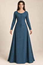 AI design preview: peacock-blue front-laced kirtle with continuous body panels, side gores and long fitted sleeves