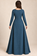 AI design preview: rear of peacock-blue kirtle with a center-back joining seam, long fitted sleeves and closed floor-length hem
