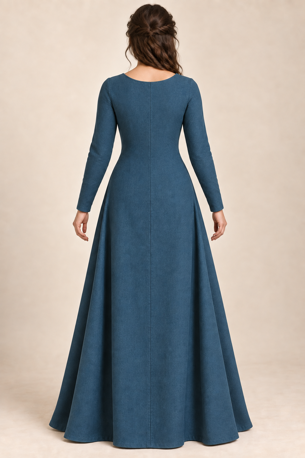 AI design preview: rear of peacock-blue kirtle with a center-back joining seam, long fitted sleeves and closed floor-length hem