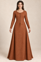 AI design preview: burnished-copper color of the same front-laced gored kirtle with continuous body panels and fitted long sleeves