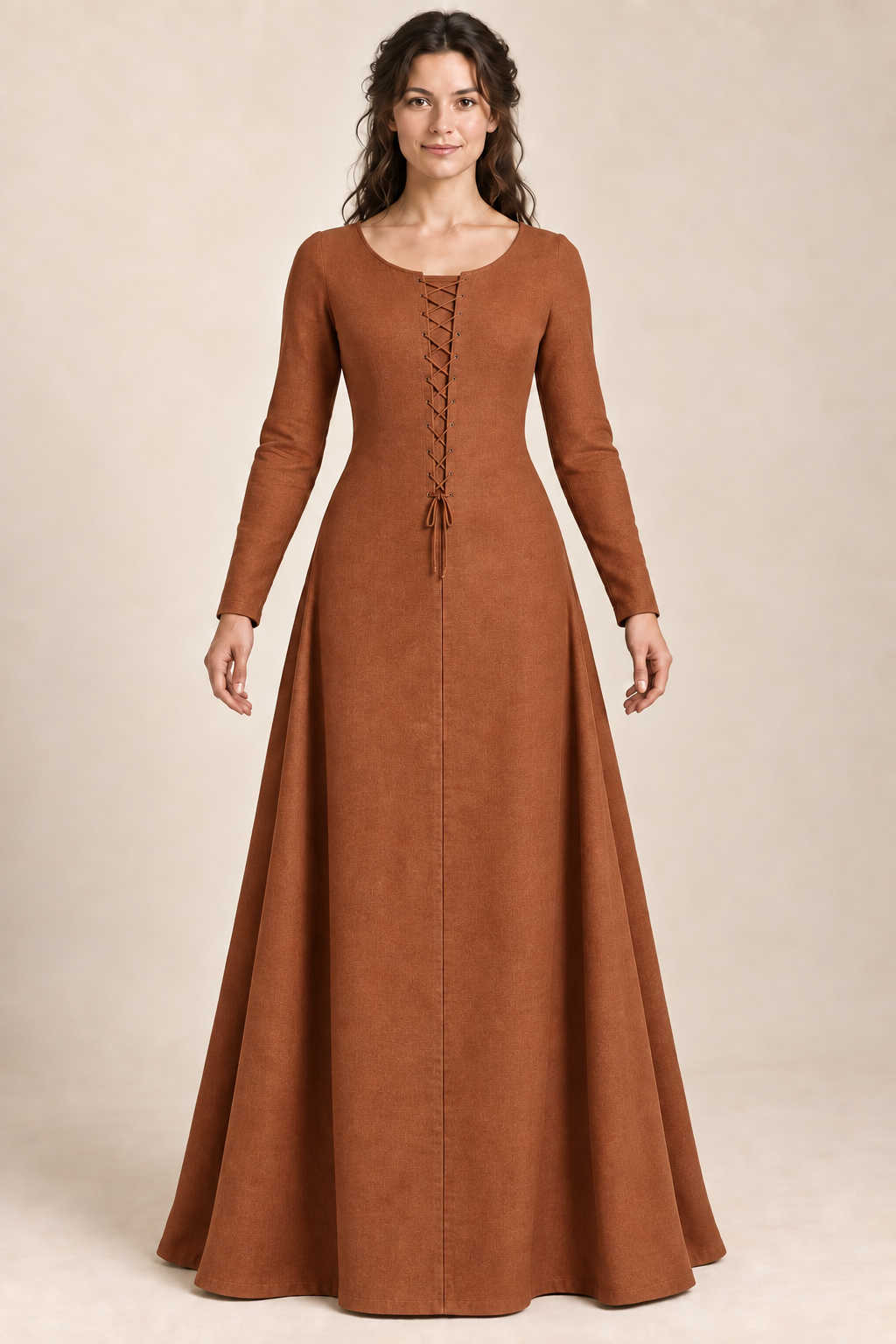 AI design preview: burnished-copper color of the same front-laced gored kirtle with continuous body panels and fitted long sleeves