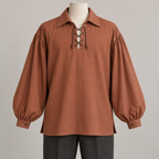 AI design preview: cinnamon terracotta lace-front pirate shirt with pointed fixed collar, full gathered long sleeves and narrow button cuffs