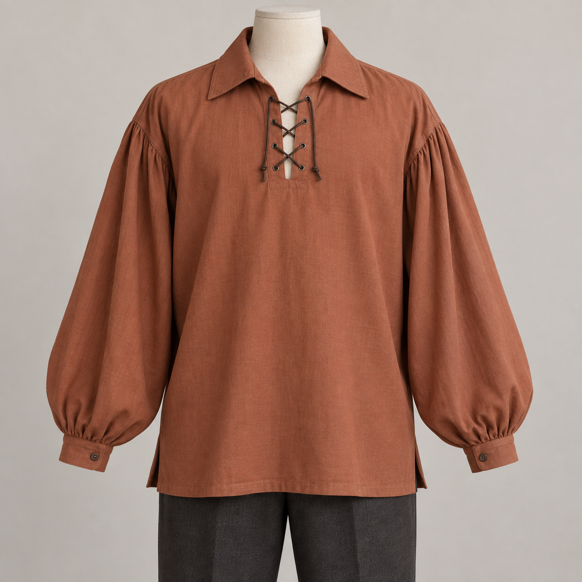 AI design preview: cinnamon terracotta lace-front pirate shirt with pointed fixed collar, full gathered long sleeves and narrow button cuffs
