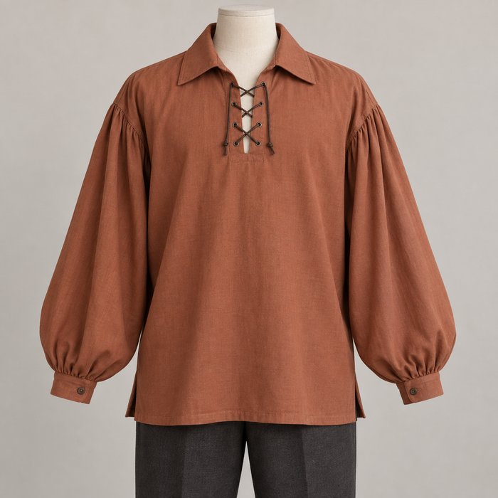AI design preview: cinnamon terracotta lace-front pirate shirt with pointed fixed collar, full gathered long sleeves and narrow button cuffs