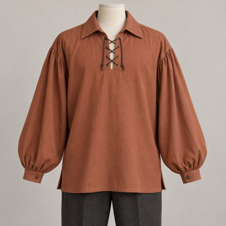 Design preview: cinnamon terracotta lace-front pirate shirt with pointed fixed collar, full gathered long sleeves and narrow button cuffs