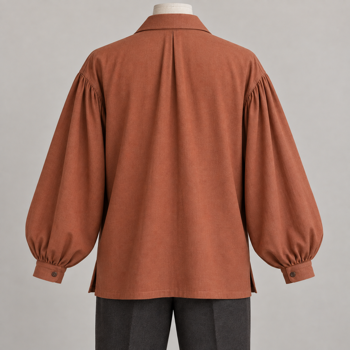 AI design preview: rear of terracotta pirate shirt with a single neckline pleat, dropped sleeve joins and full cuffed sleeves