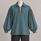 AI design preview: muted smoky teal color of the same lace-front pirate shirt with fixed collar and full gathered cuffed sleeves