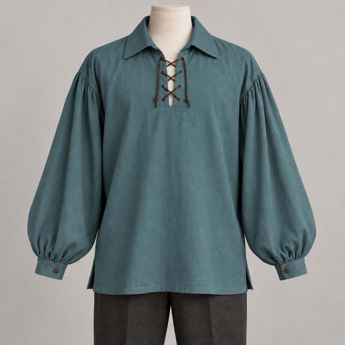 AI design preview: muted smoky teal color of the same lace-front pirate shirt with fixed collar and full gathered cuffed sleeves