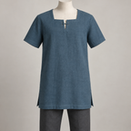 AI design preview: petrol-blue menswear tunic with square faced neckline, short laced keyhole, short set-in sleeves and side hem vents