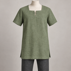 AI design preview: muted sage green color of the same adult square-keyhole tunic with short lacing and plain side-vented hem