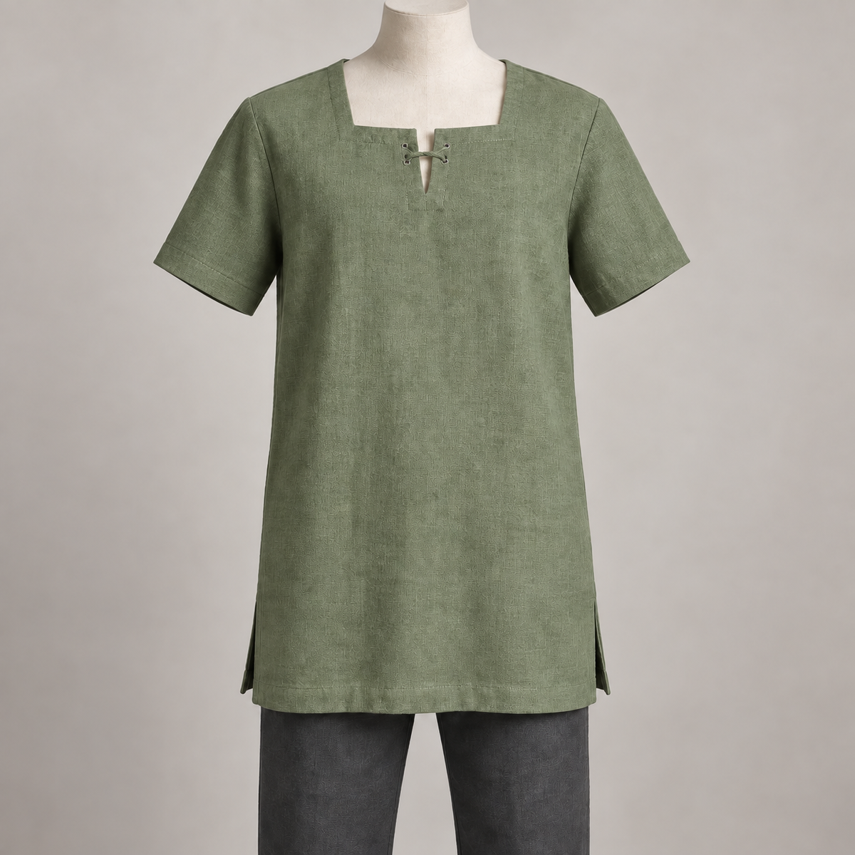 AI design preview: muted sage green color of the same adult square-keyhole tunic with short lacing and plain side-vented hem