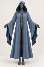AI design preview: smoke-blue open-front costume robe with a pointed hood, neck tie and actual long hanging sleeves