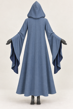 AI design preview: rear of smoke-blue costume robe with center-seam pointed hood, plain closed back and draped sleeves
