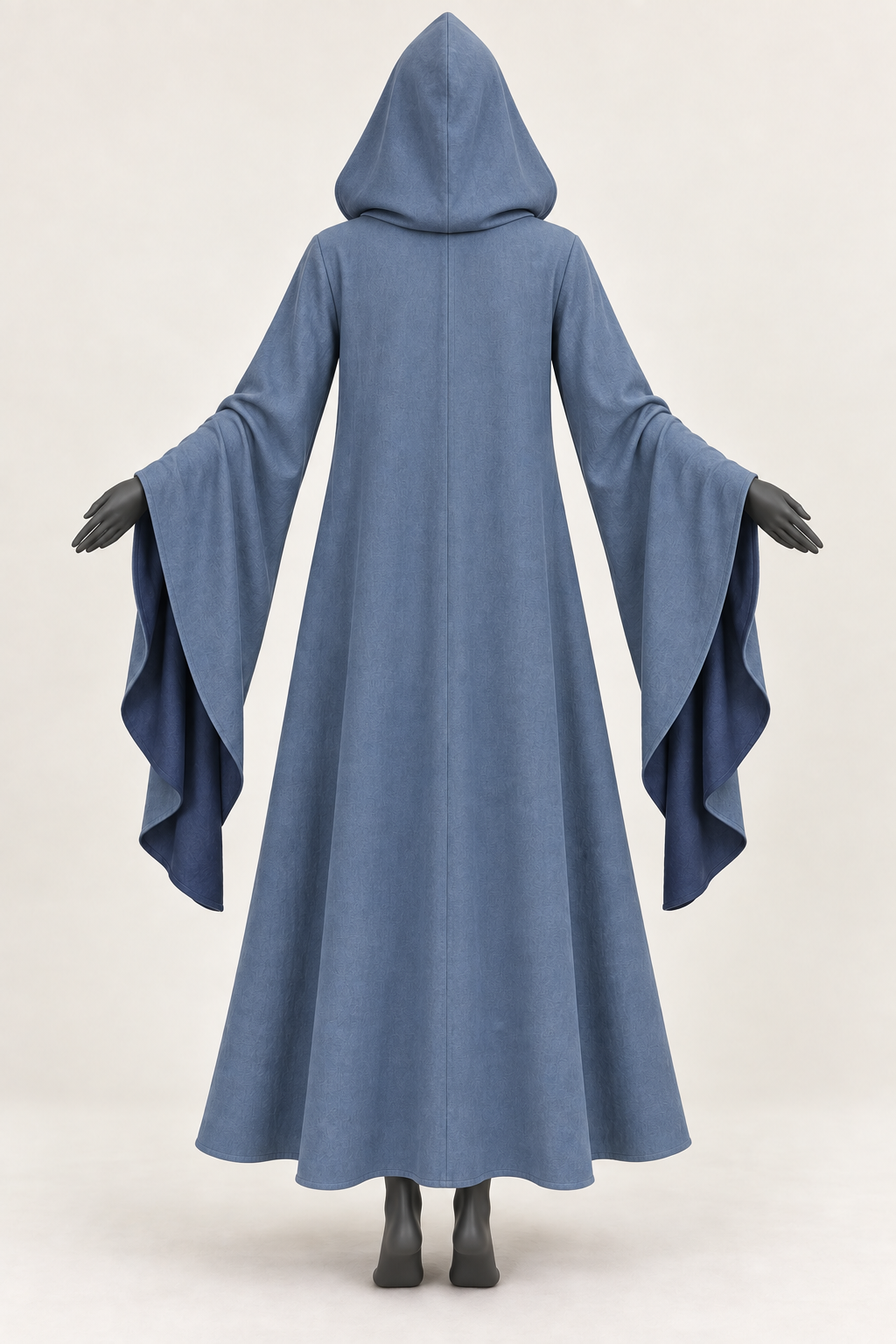 AI design preview: rear of smoke-blue costume robe with center-seam pointed hood, plain closed back and draped sleeves