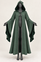 AI design preview: pine-green color of the same pointed-hood robe with one neck tie, front wrist openings and long sleeve drapes