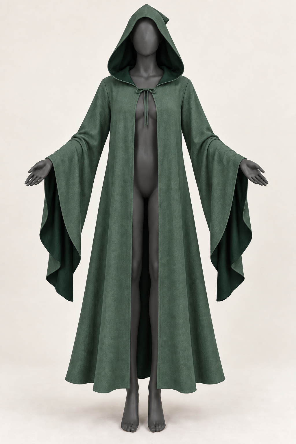 AI design preview: pine-green color of the same pointed-hood robe with one neck tie, front wrist openings and long sleeve drapes