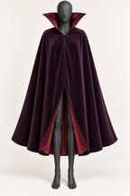AI design preview: plum sleeveless vampire cape covering both arms with tall angular garnet-lined collar and one chest clasp