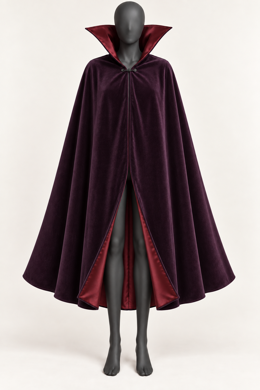 AI design preview: plum sleeveless vampire cape covering both arms with tall angular garnet-lined collar and one chest clasp