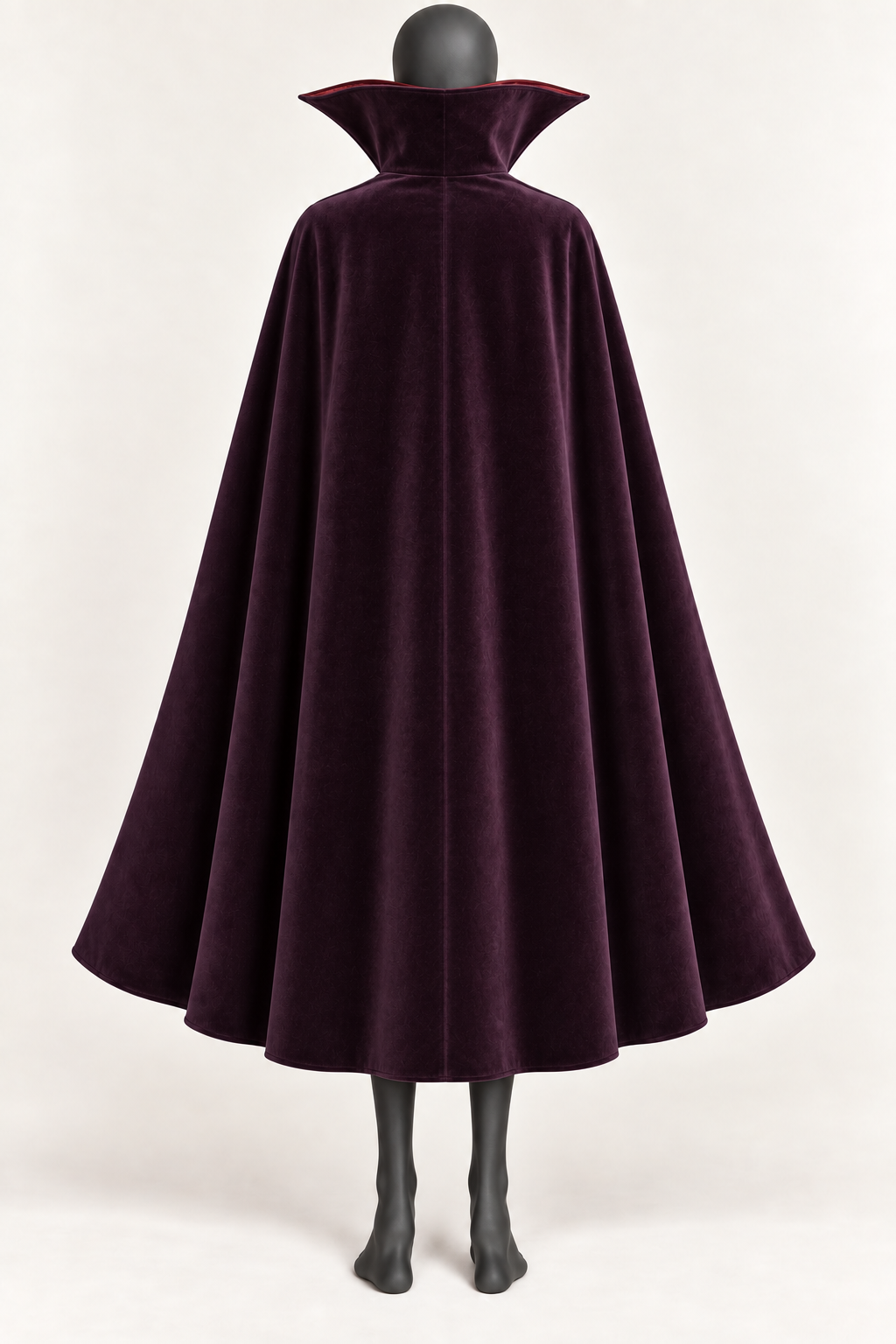 AI design preview: rear of the plum vampire cape showing high standing collar, plain center seam and continuous curved mid-calf hem