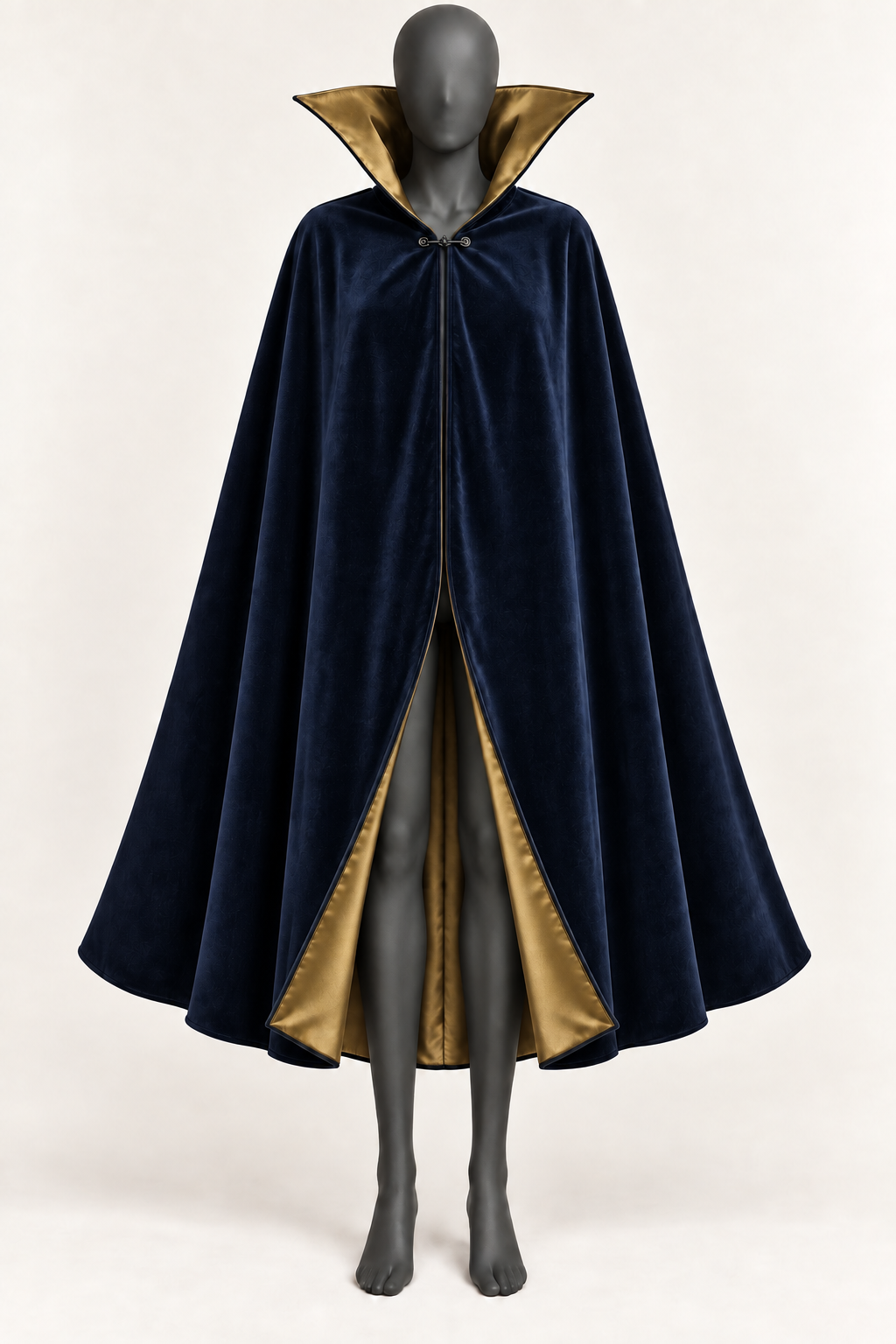 AI design preview: navy vampire collar cape with antique-gold lining, the same chest clasp and continuous sleeve-free body