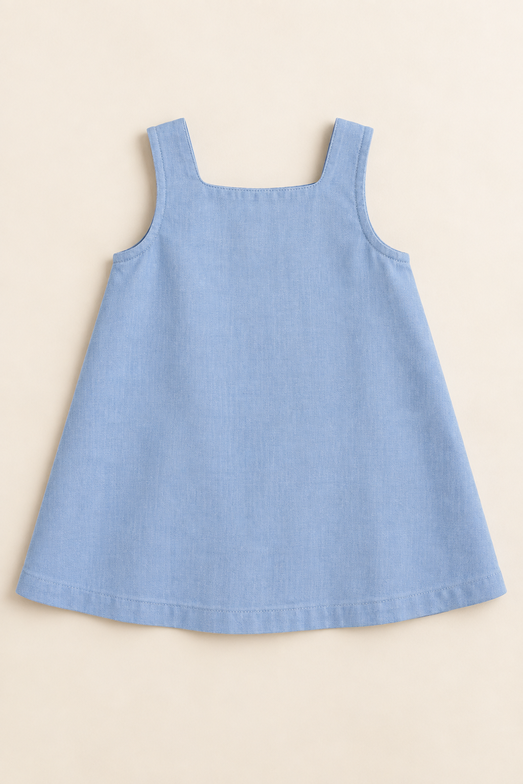 AI concept front view of a powder-blue baby A-line sundress with broad fixed shoulder straps
