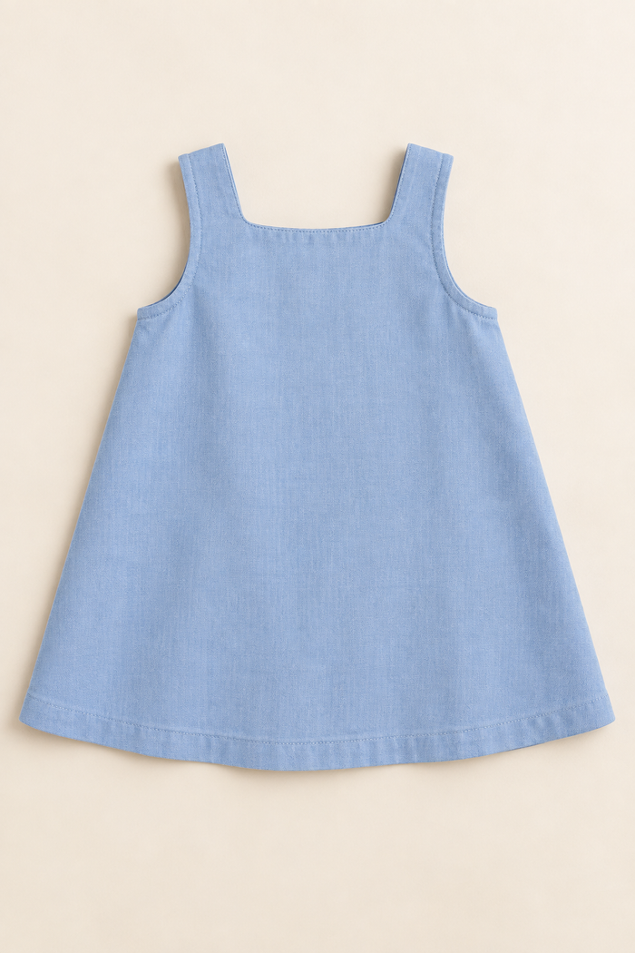 AI concept front view of a powder-blue baby A-line sundress with broad fixed shoulder straps