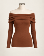 AI preview: copper-brown hip-length top with the same folded Bardot neckline and fitted long sleeves.