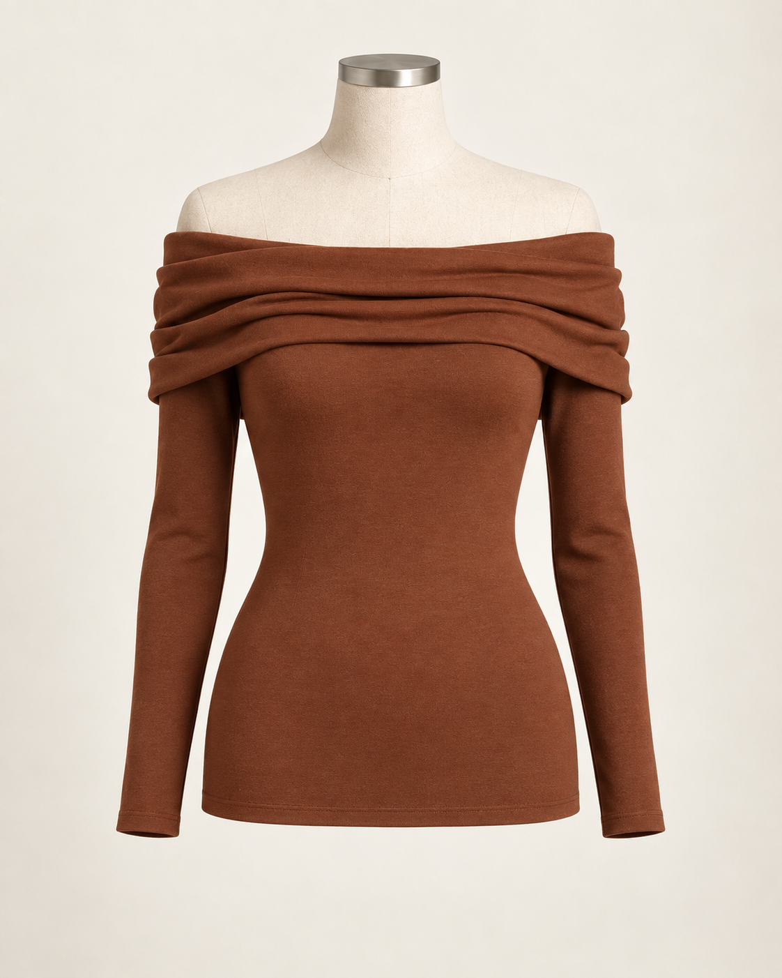 AI preview: copper-brown hip-length top with the same folded Bardot neckline and fitted long sleeves.