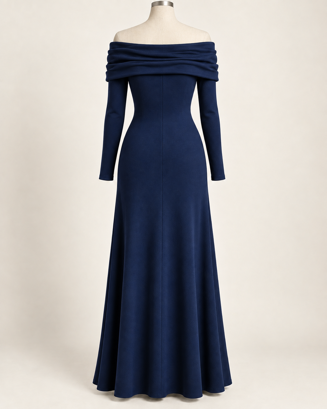 AI preview: back of the ink-blue knit dress with folded shoulder drape, smooth torso and a center-back seam.