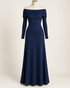 AI preview: ink-blue Bardot knit dress with a deep folded shoulder drape, fitted long sleeves and softly flared hem.