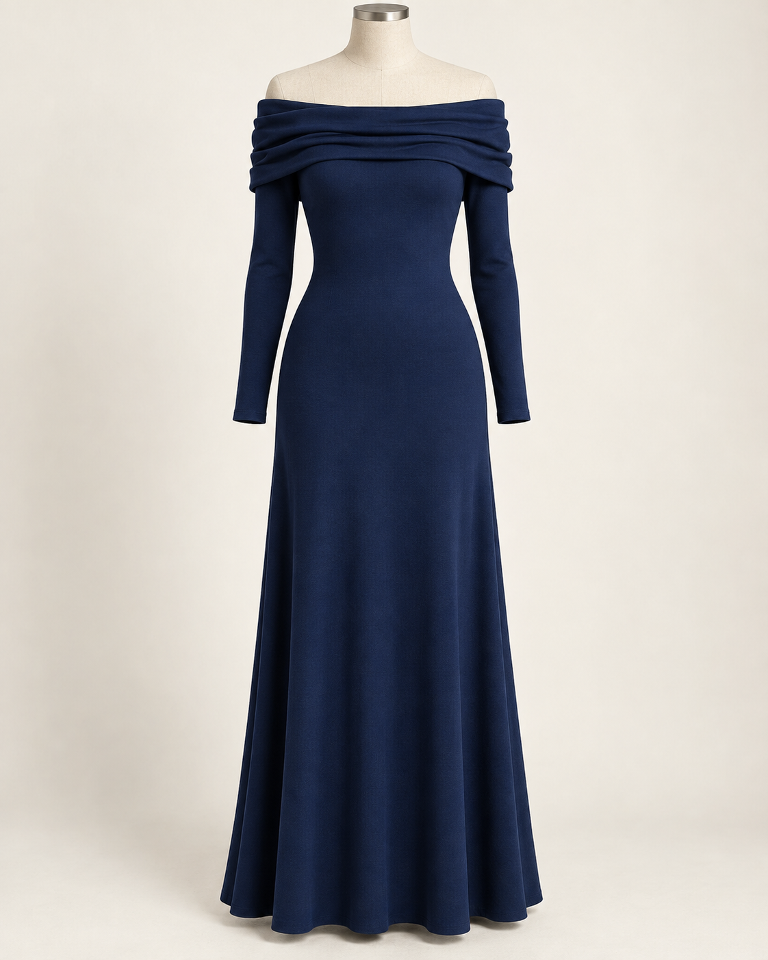 AI preview: ink-blue Bardot knit dress with a deep folded shoulder drape, fitted long sleeves and softly flared hem.