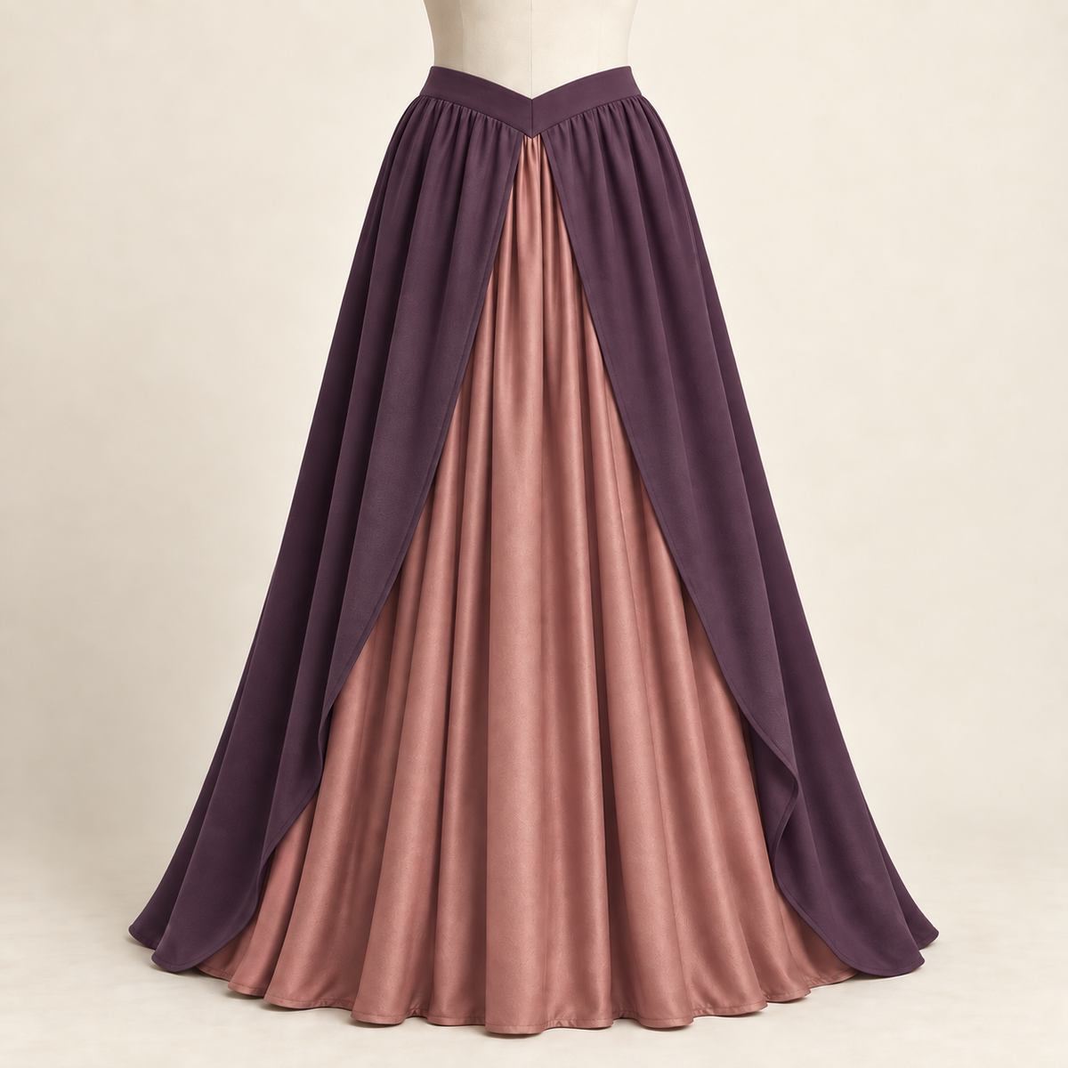 AI design preview: plum and antique-rose palette of the same two-layer basque maxi skirt