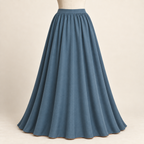 AI design preview: closed peacock rear skirt with a level waistband and softly gathered fullness