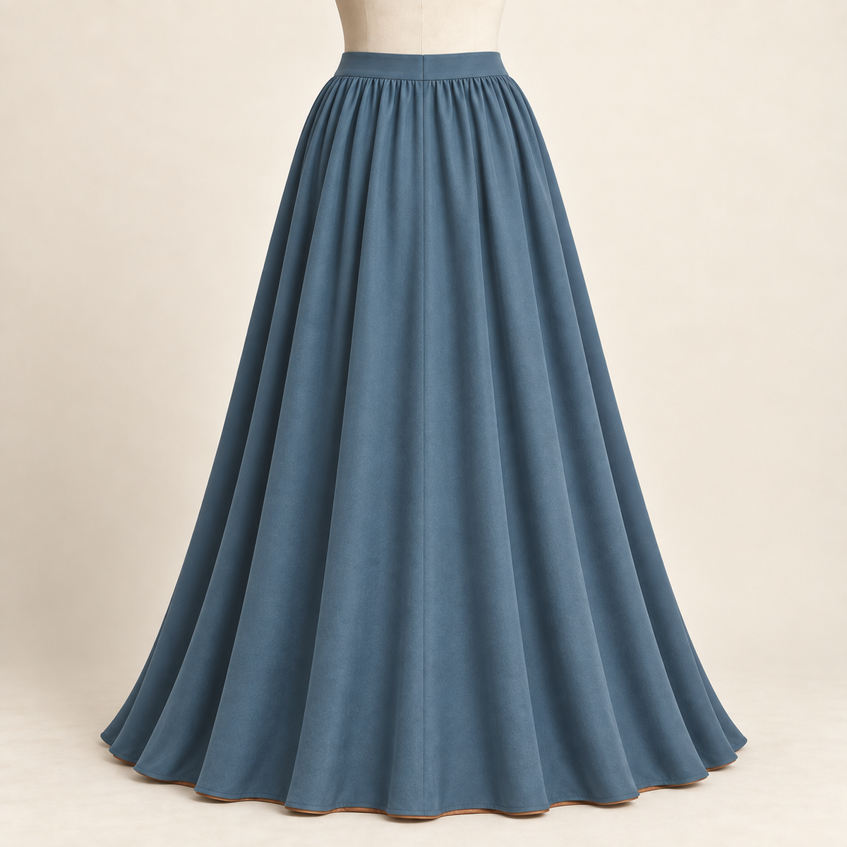 AI design preview: closed peacock rear skirt with a level waistband and softly gathered fullness