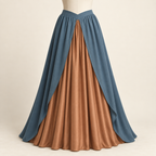 AI design preview: basque maxi skirt front with peacock outer curved edges and a closed copper underskirt