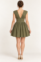 AI design preview: olive dress V back, softly gathered bodice, fitted horizontal rear midriff and concealed center-back zipper