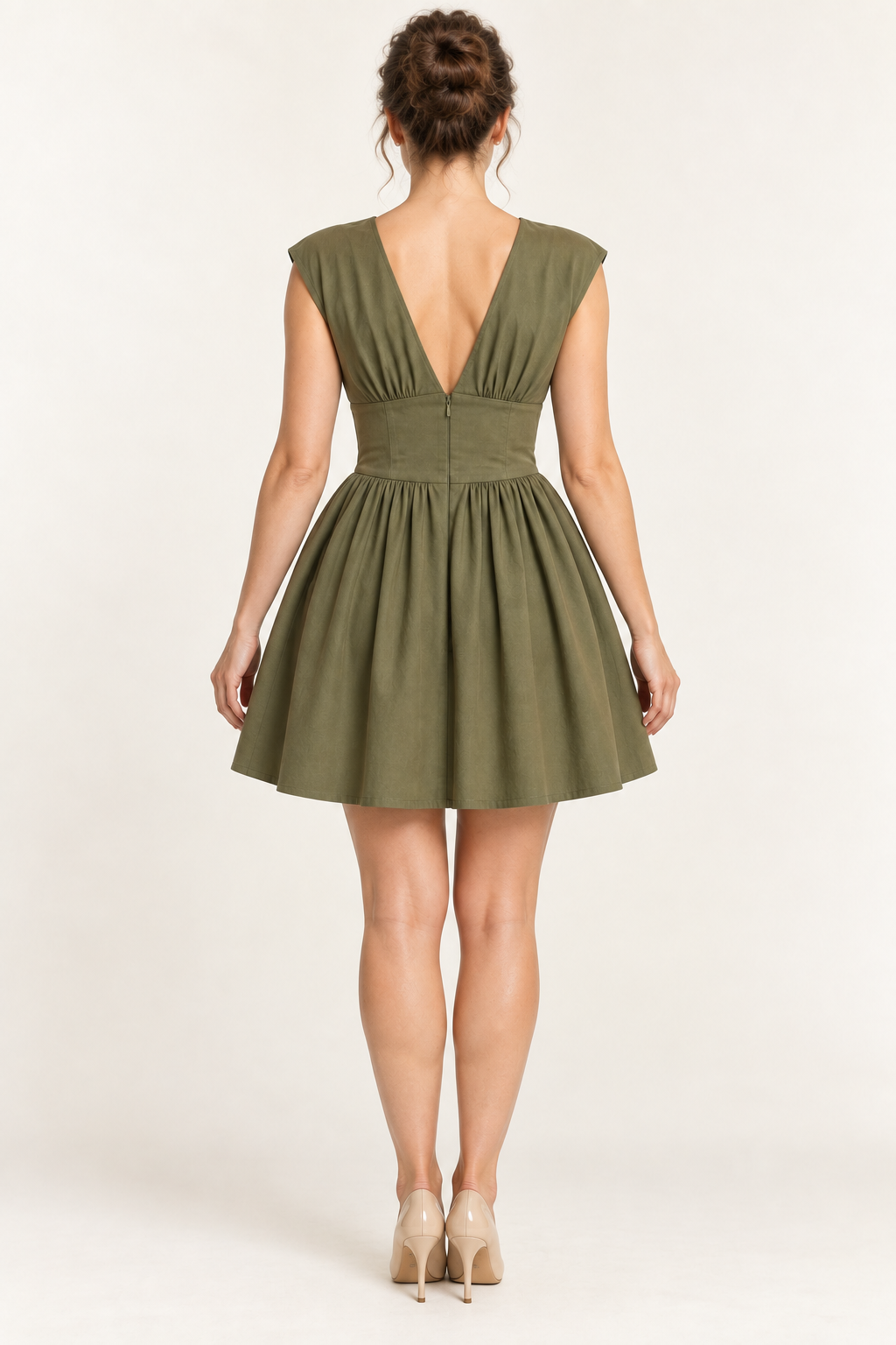 AI design preview: olive dress V back, softly gathered bodice, fitted horizontal rear midriff and concealed center-back zipper