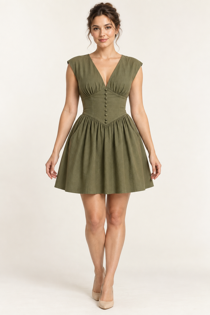 AI design preview: olive V-neck mini dress with gathered bust, pointed basque midriff, decorative buttons and gathered skirt